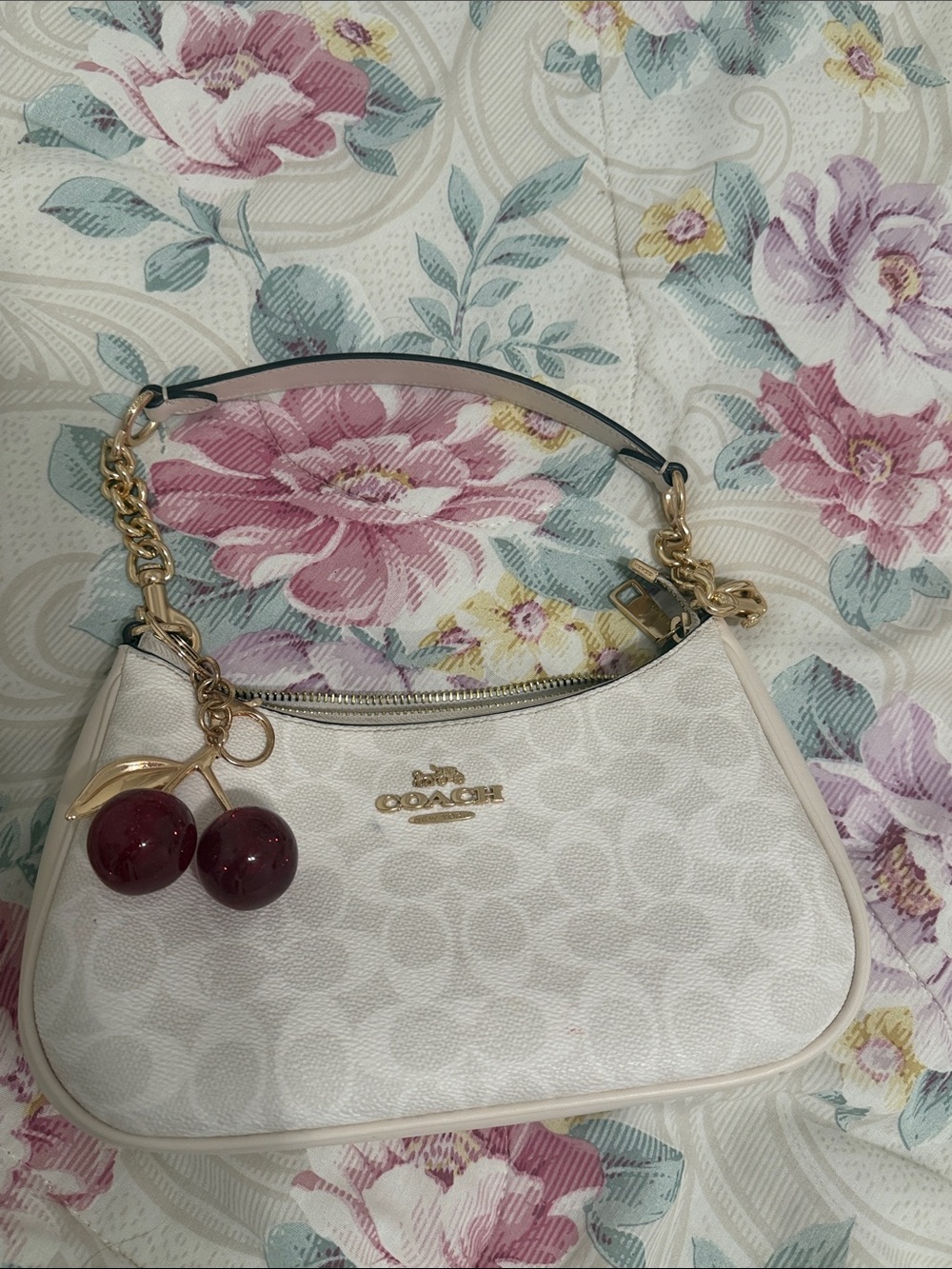 Coach White Signature Canvas Shoulder Bag with Cherry Charm